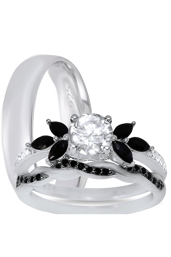 Sterling Silver His Hers Wedding Ring Set TRIO Unique Matching Rings for Bride Groom 5/9