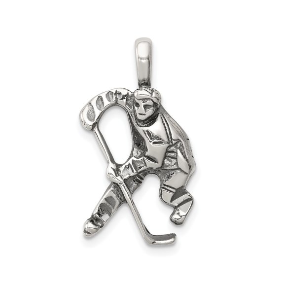 925 Sterling Silver Hockey Player Pendant Charm, Antiqued Ice Hockey Gear Design