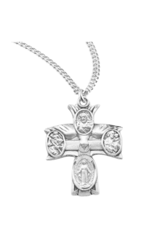 Sterling Silver Holy Spirit 4-Way Medal, 20" Rhodium Plated Stainless Steel Chain, Deluxe Velvet Gift Box