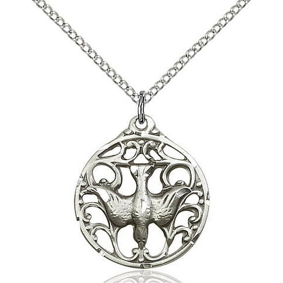 Sterling Silver Holy Spirit Pendant 3/4 x 3/4 inches with Sterling Silver Lite Curb Chain