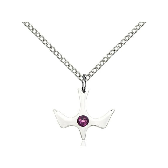 Sterling Silver Holy Spirit Pendant with 3mm February Purple Swarovski Crystal 1/2 x 1/2 inches with Lite Curb Chain