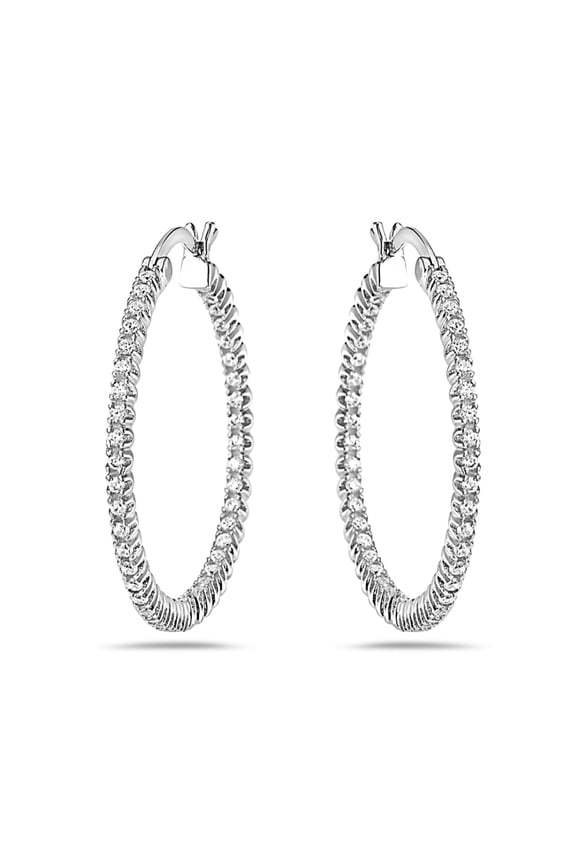 Sterling Silver Hoop 40 mm Earring In & Out CZ Latch Closure
