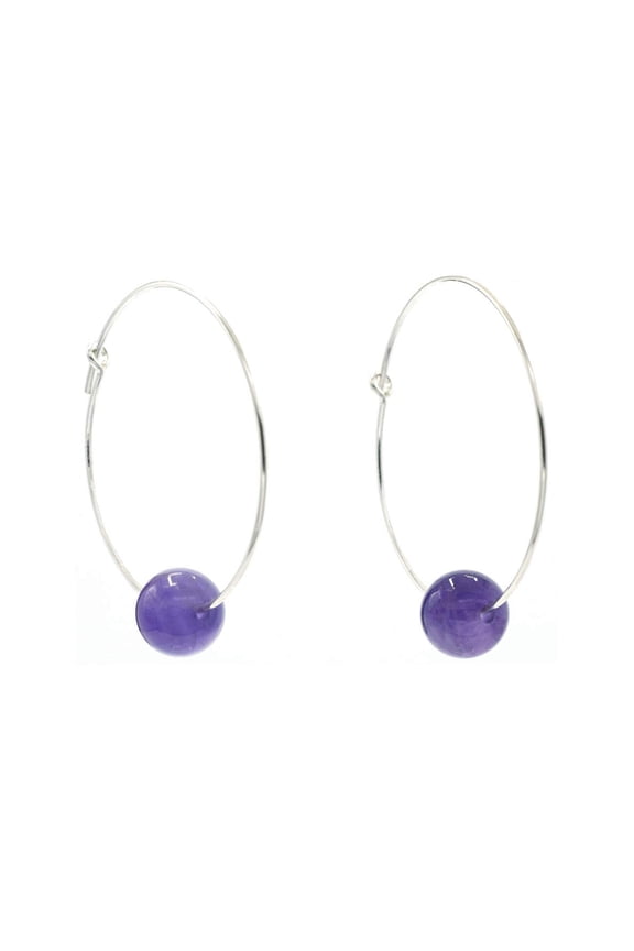 Sterling Silver Hoop Earrings with 8mm Round Amethyst