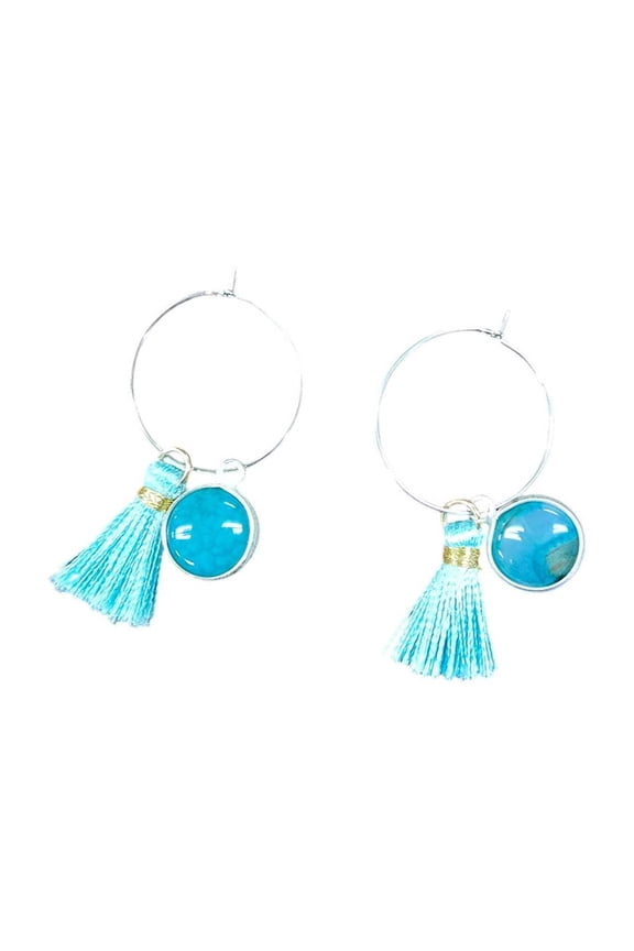 Stainless Silver Hoop Earrings with Teal Tassel and Amazonite Charm | Unique Handmade Jewelry