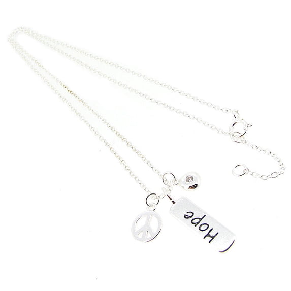 Sterling Silver Hope Peace Cubic Zirconia Pendant Chain Necklace Adjustable 16 inch to 17 inch