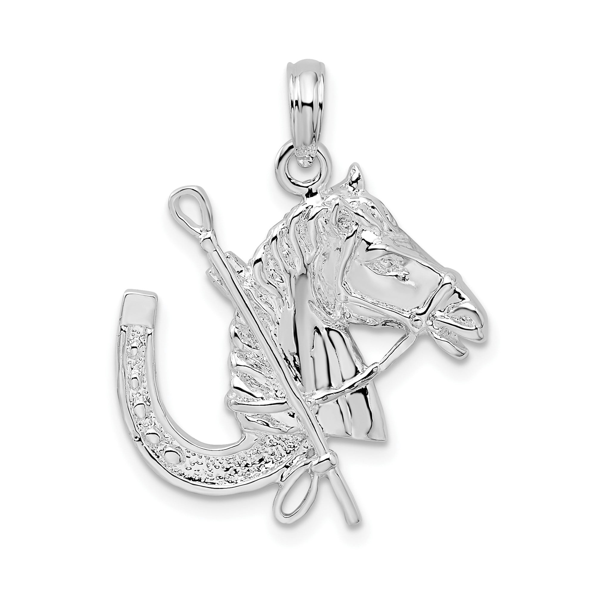 925 Sterling Silver Horse Head Riding Crop Horseshoe Pendant Charm, Equestrian Western