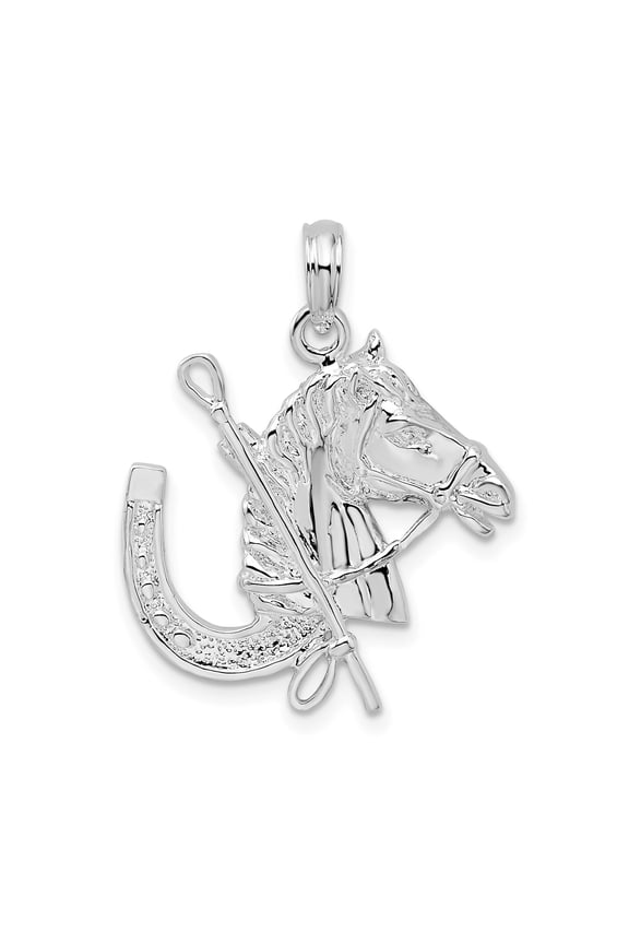 925 Sterling Silver Horse Head Riding Crop Horseshoe Pendant Charm, Equestrian Western