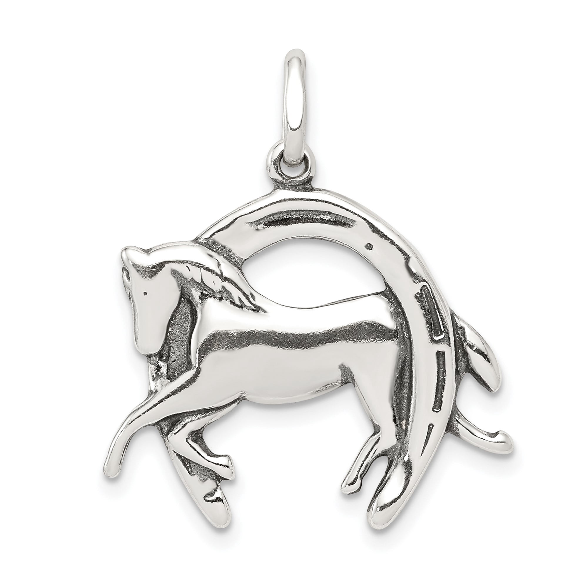 925 Sterling Silver Galloping Horse Horseshoe Pendant Charm, Western Equestrian Design
