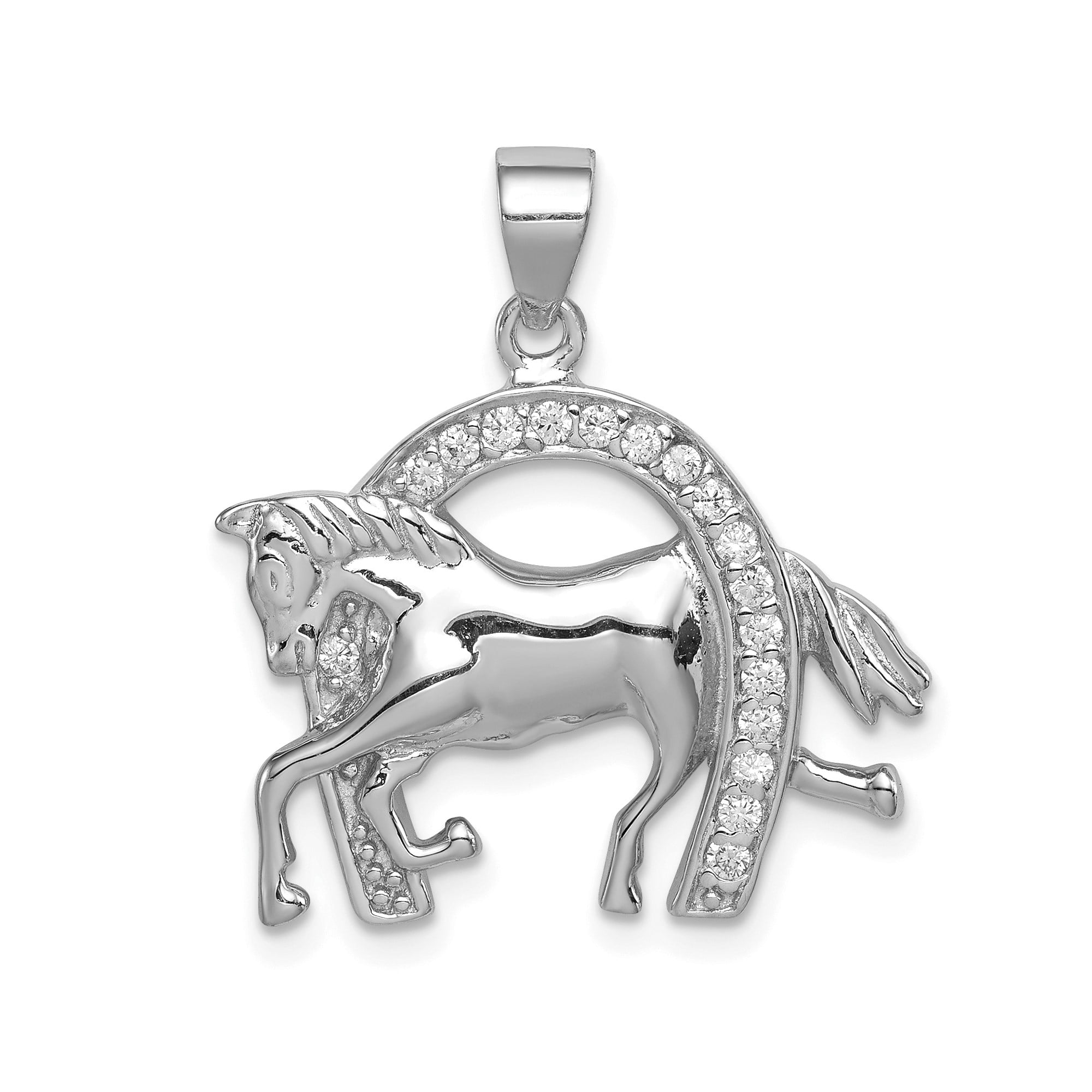 925 Sterling Silver Prancing Horse Pendant Charm with Cubic Zirconia Horseshoe