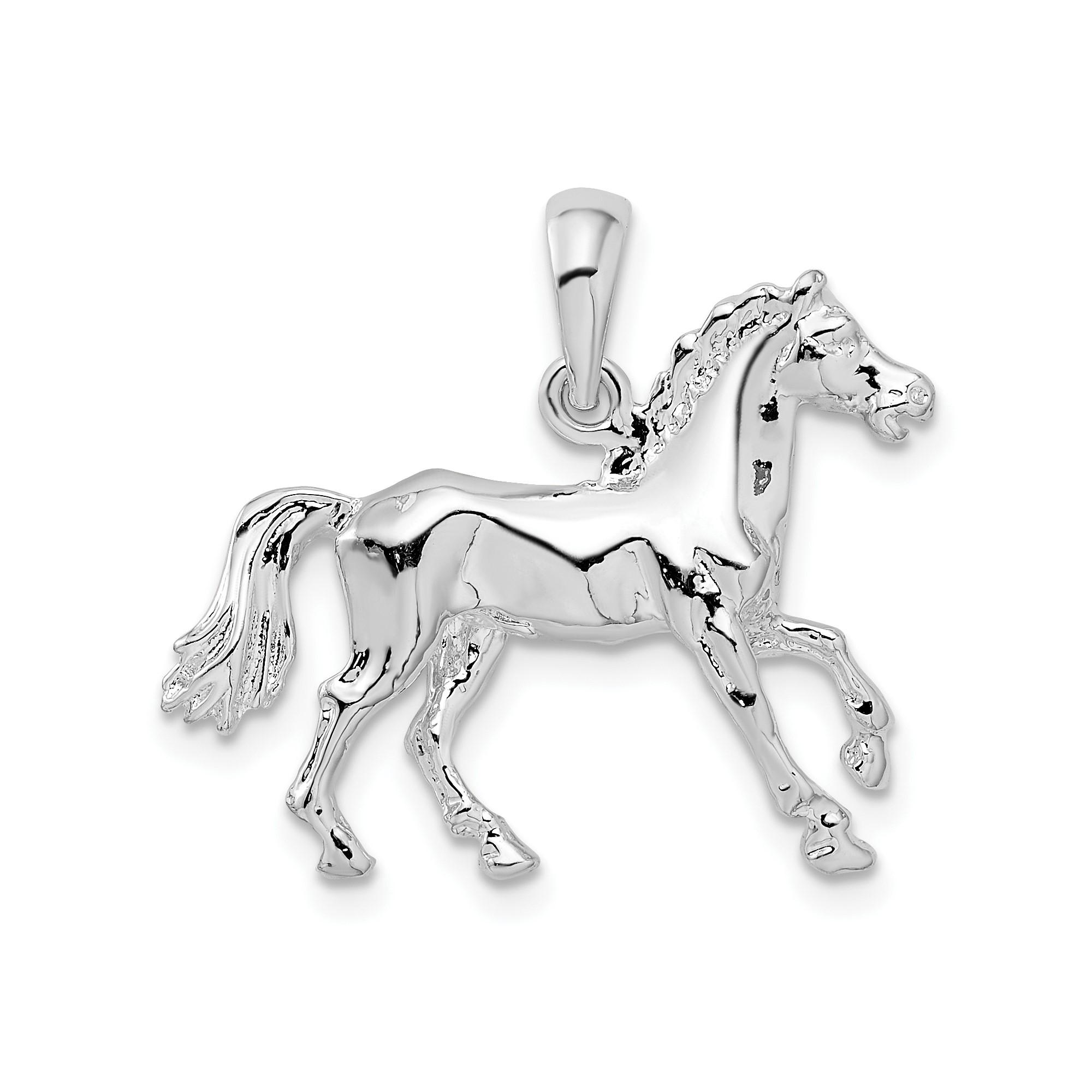 925 Sterling Silver 3D Trotting Horse Pendant Charm, Polished Equestrian Design