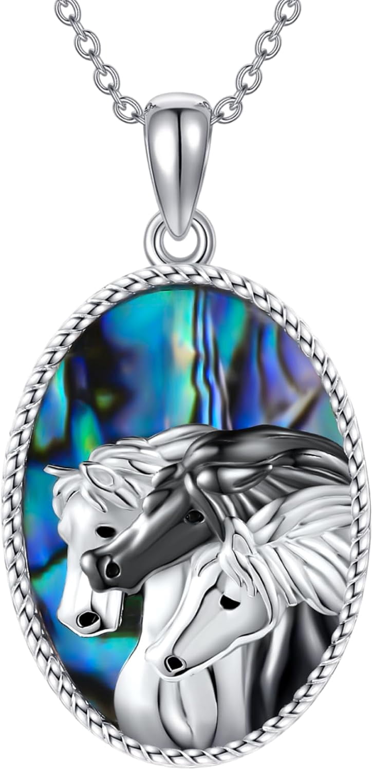 Sterling Silver Horse Pendant Necklace with Abalone Shell for Women, Animal Jewelry, Equestrian Gift for Her