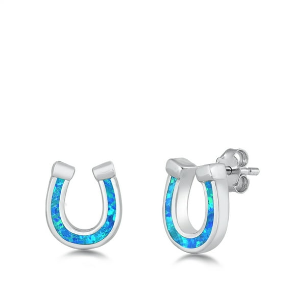 Sterling Silver Horseshoe Good Luck Earrings Blue Simulated Opal 925 New Jewelry Female Unisex