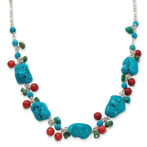 Sterling Silver Howlite Simulated Turquoise Red Simulated Coral Necklace 16 Inch - Lobster Claw - Measures 13mm Wide