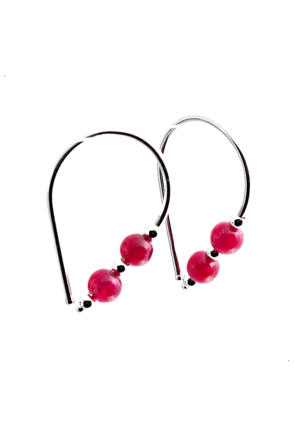 Sterling Silver Huggie Hoop Wire Drops 2 Pink Agate Beads Huggie Teardrops Horseshoe Arc Hook Earrings (Sterling Silver / Pink Agate Stone 2 Beads)