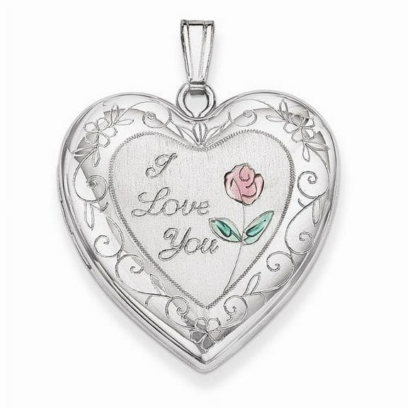 Sterling Silver "I Love You with Enamel Flower " Heart Locket - 1 Inch X 1 Inch