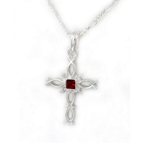 Sterling Silver Ichthus Fish Cross Birth Crystal Necklace, January Red