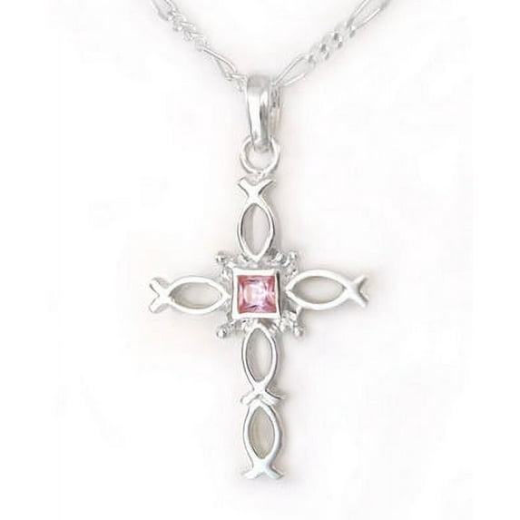 Sterling Silver Ichthus Fish Cross Birth Crystal Necklace, October Pink