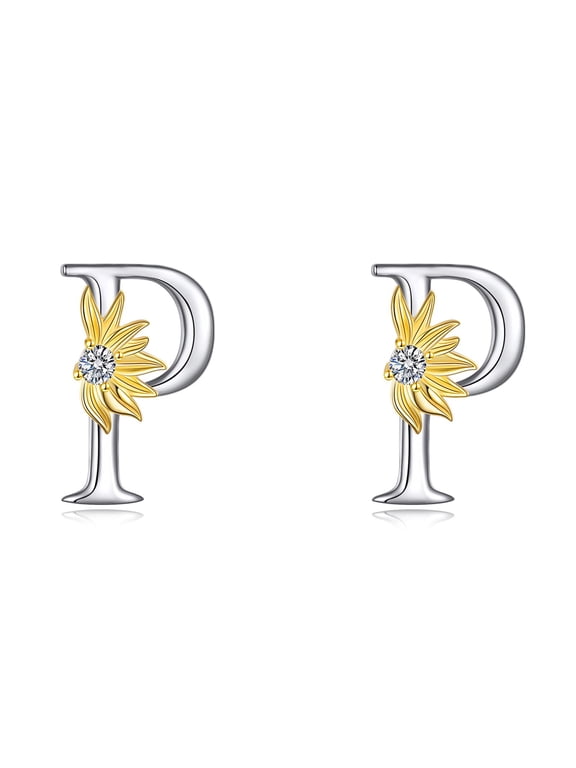 Sterling Silver Initial Alphabet Letter Script Name Earrings Sunflower Initial Studs for Women (Initial P)