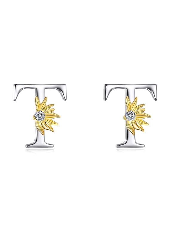 Sterling Silver Initial Alphabet Letter Script Name Earrings Sunflower Initial Studs for Women (Initial T)
