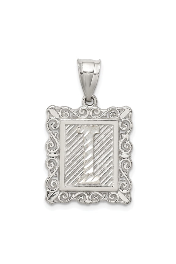 925 Sterling Silver Initial I Monogram Pendant Charm, Diamond-Cut Rectangle Frame