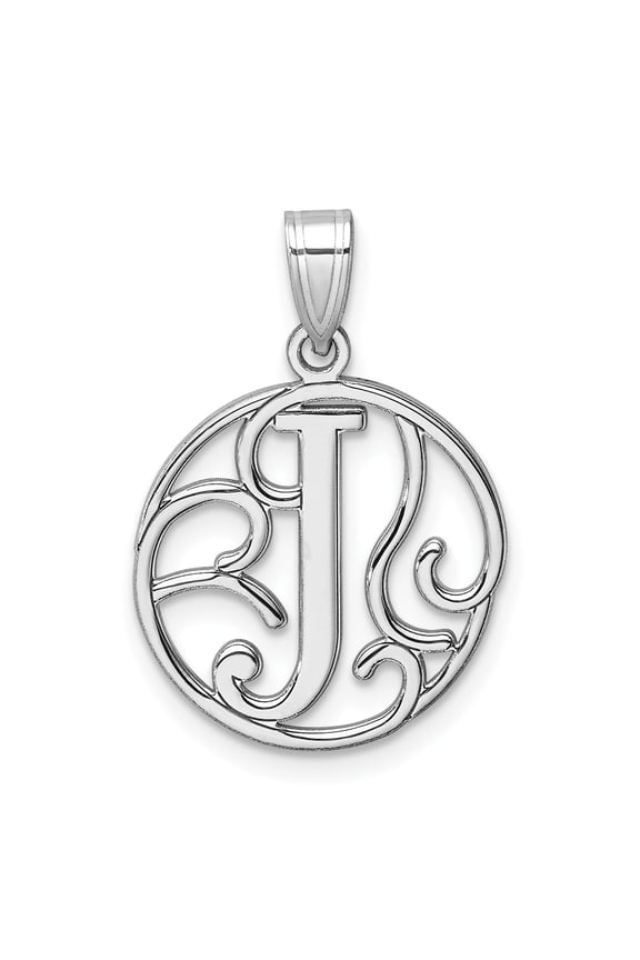 Sterling Silver Initial J Pendant for Women, Ornate Script Monogram Charm with Scroll Design, Round Openwork Frame Letter Necklace, Personalized Custom Identity Jewelry