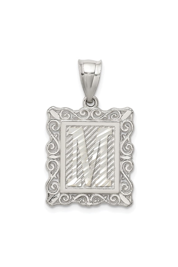 Sterling Silver Initial M Pendant Necklace for Women and Men, Rectangular Monogram Charm with Scroll Border and Textured Background, Personalized Letter Jewelry