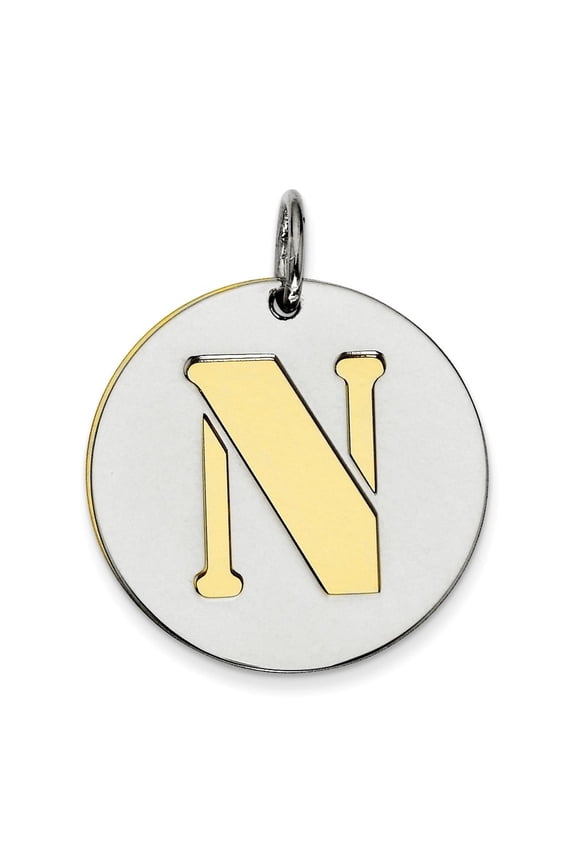 925 Sterling Silver Initial N Round Disc Pendant Charm, Gold-Plated Monogram Letter