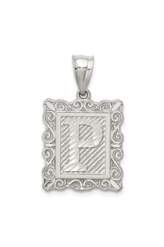 Sterling Silver Initial P Pendant Necklace for Women or Unisex, Textured Stripe Background, Scroll Border, Rectangular Monogram Charm, Personalized Alphabet Jewelry