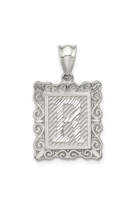 Sterling Silver Square Diamond-cut Letter R Initial Pendant QC2770R