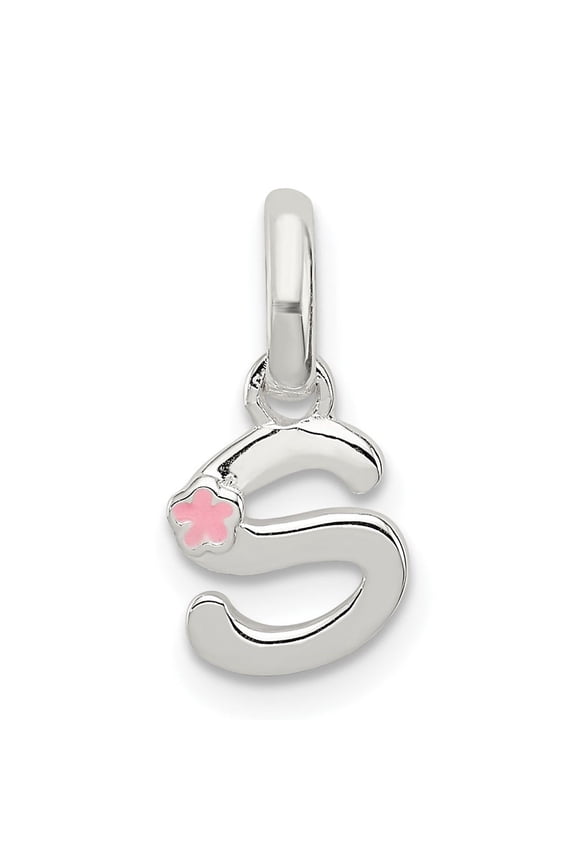 Sterling Silver Initial S Pendant for Women, Pink Enamel Flower Accent, Script Alphabet Charm Necklace, Personalized Monogram Jewelry, Dainty Feminine Style