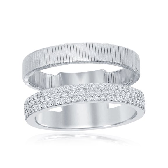 Sterling Silver Italian Designer Double Band w/ CZ Matte Bonded Ring