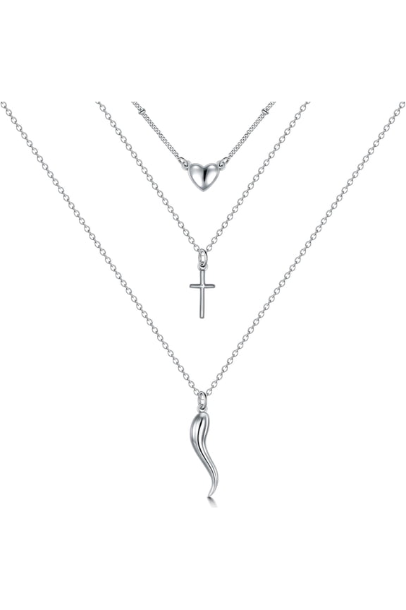 Sterling Silver Italian Horn Cornicello Layered Pendant Necklace for Women, Good Luck Protection Amulet Jewelry, Italian Heritage Gift for Her