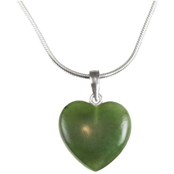 Sterling Silver Jade Necklace Green Nephrite Smooth Heart Pendant Small Simple Snake Silvertone Bail, 18" Designed for Adult Women and s