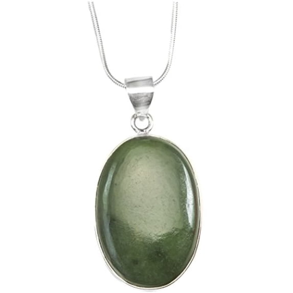 Sterling Silver Pendant Necklace Green Nephrite Jade Simple Oval Bezel Set Snake Chain, 20" Spyglass Designs
