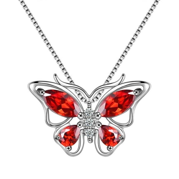 Juwaliy January Birthstone Necklace Garnet Red Butterfly Necklace 925 Sterling Silver Pendant Jewelry Valentines Mother's Day Gift for Women Wife Mom
