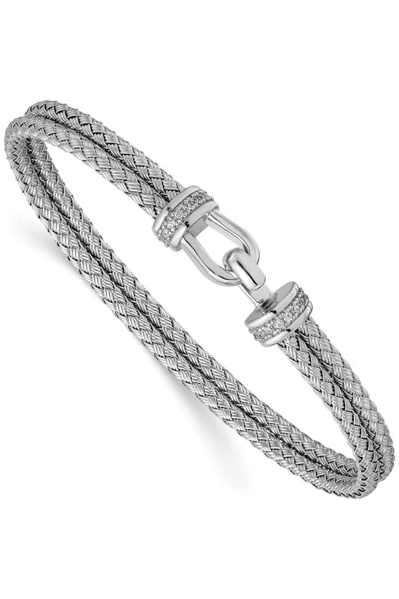 Sterling Silver Jbsp's Rhod-Plat Polished Cz Double Woven Flexible Cuff Made In Italy qlf1065