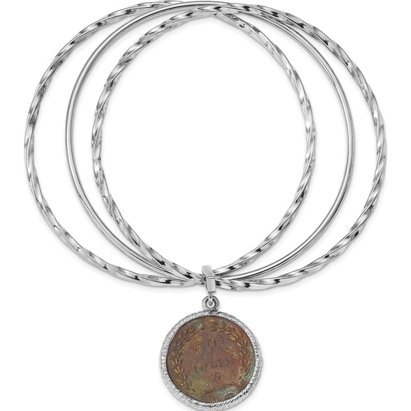 Sterling Silver Jbsp's Rhodium-Plated Bronze Roman Coin Bangle Made In Italy qlf1117