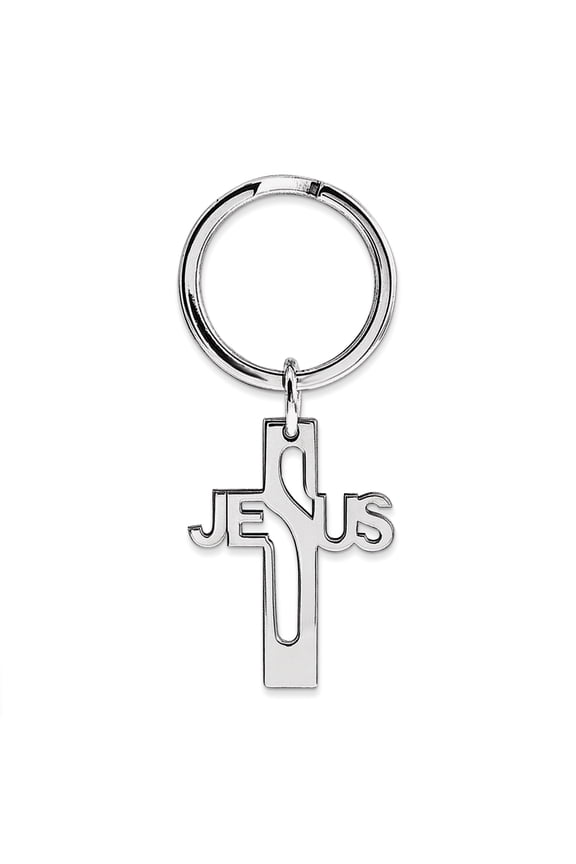 Sterling Silver Rhodium-plated Jesus Cross Key Ring QQ590