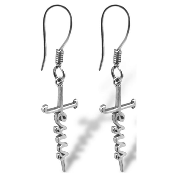 Sterling Silver "Jesus" Cursive Cross Earrings