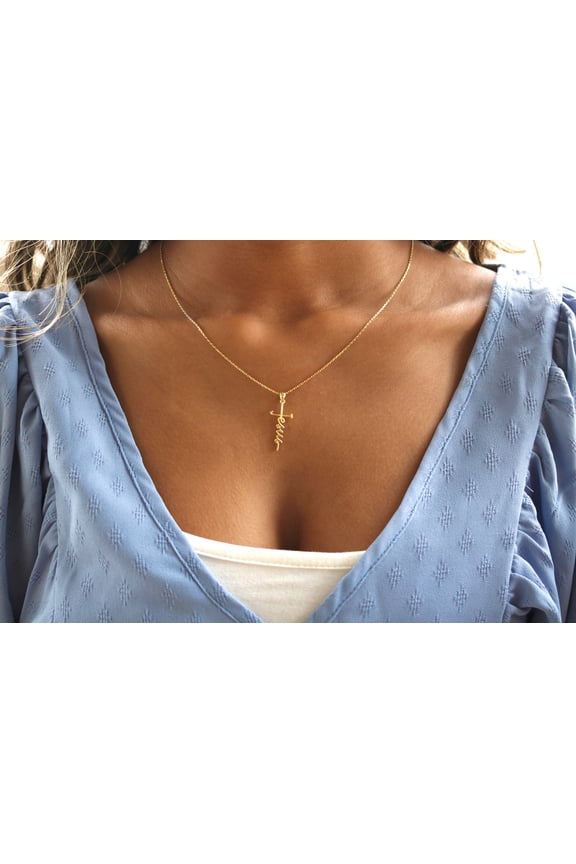 Sterling Silver "Jesus" Cursive Cross Necklace