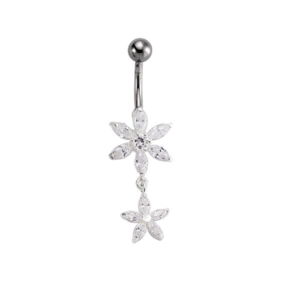 Sterling Silver Jewelco London CZ Flower Drop & Stainless Steel Belly Bar Ball