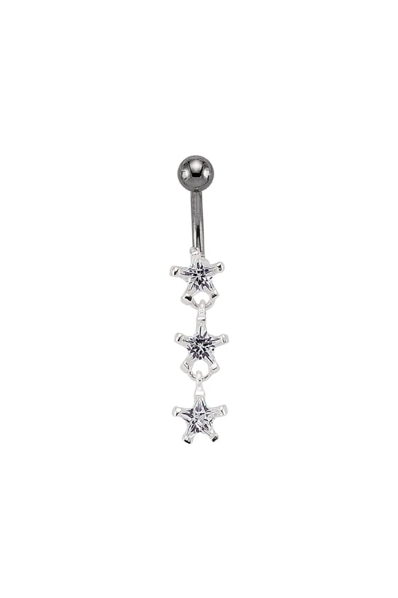 Sterling Silver Jewelco London CZ Star Trilogy & Stainless Steel Belly Bar Ball