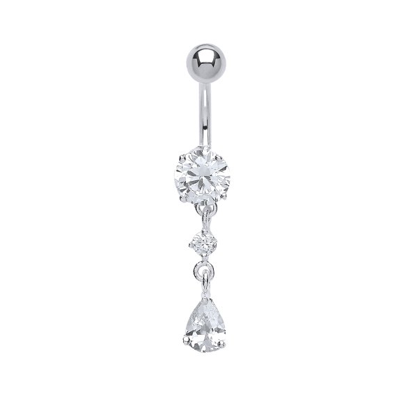 Sterling Silver Jewelco London CZ Tears of Joy & Stainless Steel Belly Bar Ball