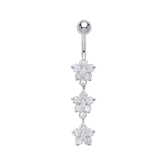 Sterling Silver Jewelco London CZ Triple Flower Cluster & Steel Belly Bar Ball