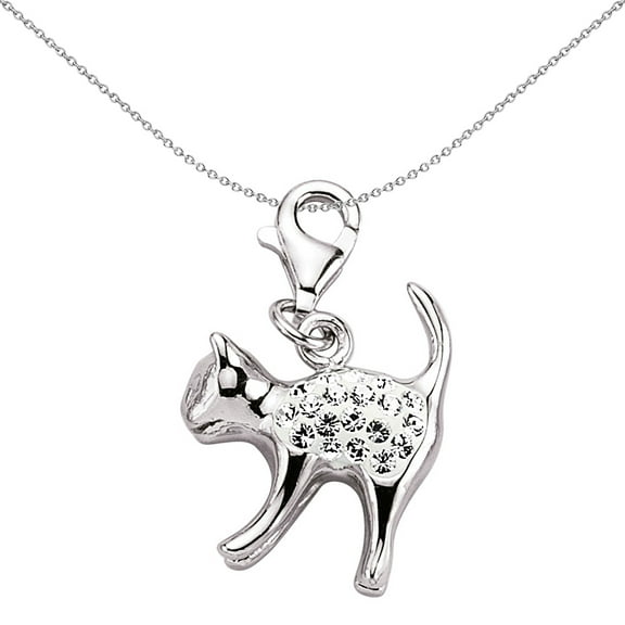 Sterling Silver Jewelco London Crystal Pouncing Cat Link Charm