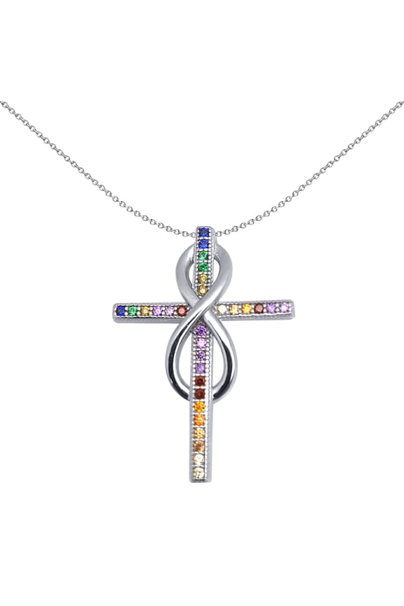 Sterling Silver Jewelco London Rainbow CZ Inifity Cross Pendant 26mm 18 inch
