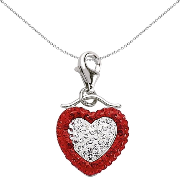 Sterling Silver Jewelco London Red White Crystal Double-sided Love Heart Charm
