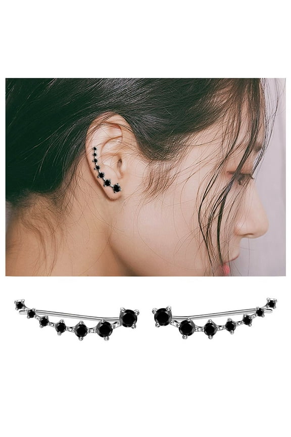 Sterling Silver Jewelry for Women Ear Cuffs Climber Earrings Hypoallergenic Cartilage Earring with Black Cubic Zirconia for Birthday Gift