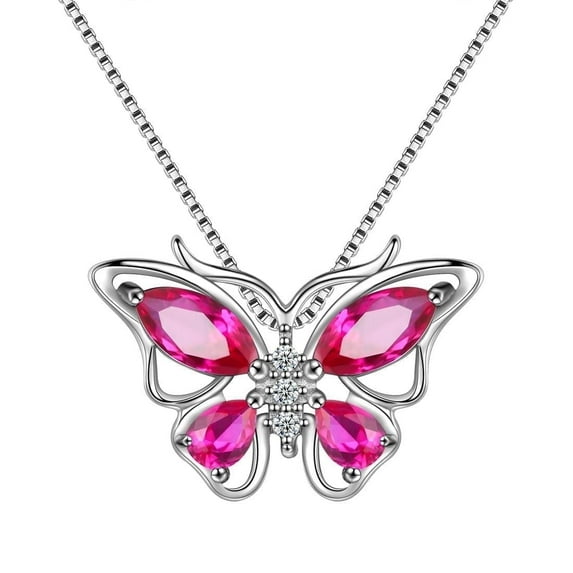 Juwaliy July Birthstone Necklace Ruby Red Butterfly Necklaces 925 Sterling Silver Pendant Jewelry Valentines Mother's Day Gifts for Women Wife Grandma