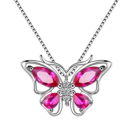 Juwaliy July Birthstone Necklace Ruby Red Butterfly Necklaces 925 Sterling Silver Pendant Jewelry Valentines Mother's Day Gifts for Women Wife Grandma